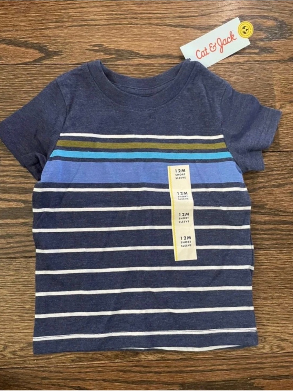 Cat & Jack Navy Stripe Tee with Blue and Olive Accents Size 12 months